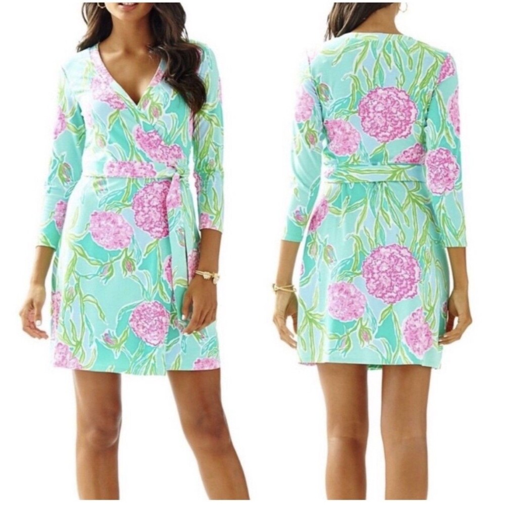 Lilly Pulitzer MERIDIAN WRAP DRESS IN POOLSIDE BLUE GOING STAG SIZE XS - Picture 2 of 10